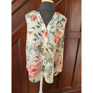 One World Floral Bird Print Sleeveless Blouse Size M